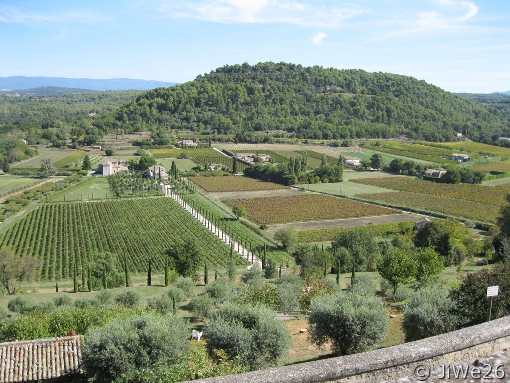 Ménerbes, sur son éperon rocheux, surplombe les vignes de la vallée