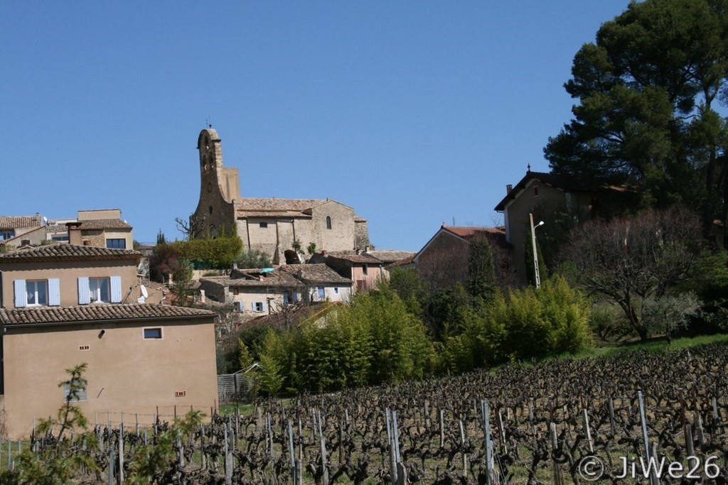 A l'entrée du village, à droite un vignoble et au fond, la majestueuse église.