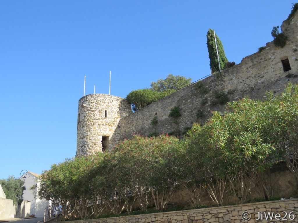 Remparts surmontés de courtines (murailles d'enceinte qui se trouvent entre 2 murs) et de douves (fossés remplis d'eau autour d'un château